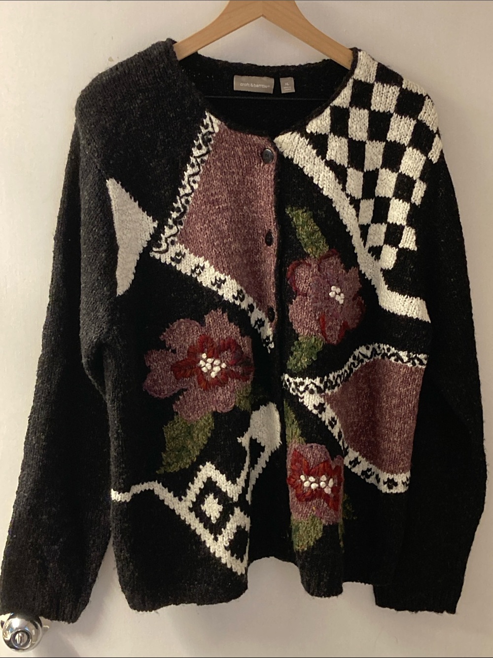VTG 80’s 90’s Y2K Hand Knit Cardigan Floral Geometric Abstract Grandmacore XL